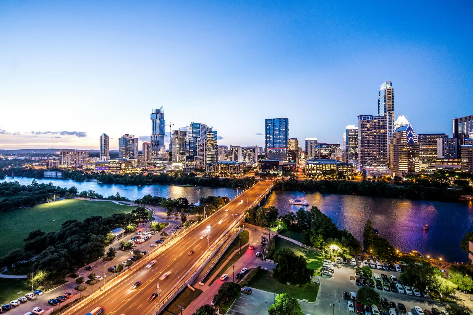 Austin skyline over Lady Bird Lake at dusk