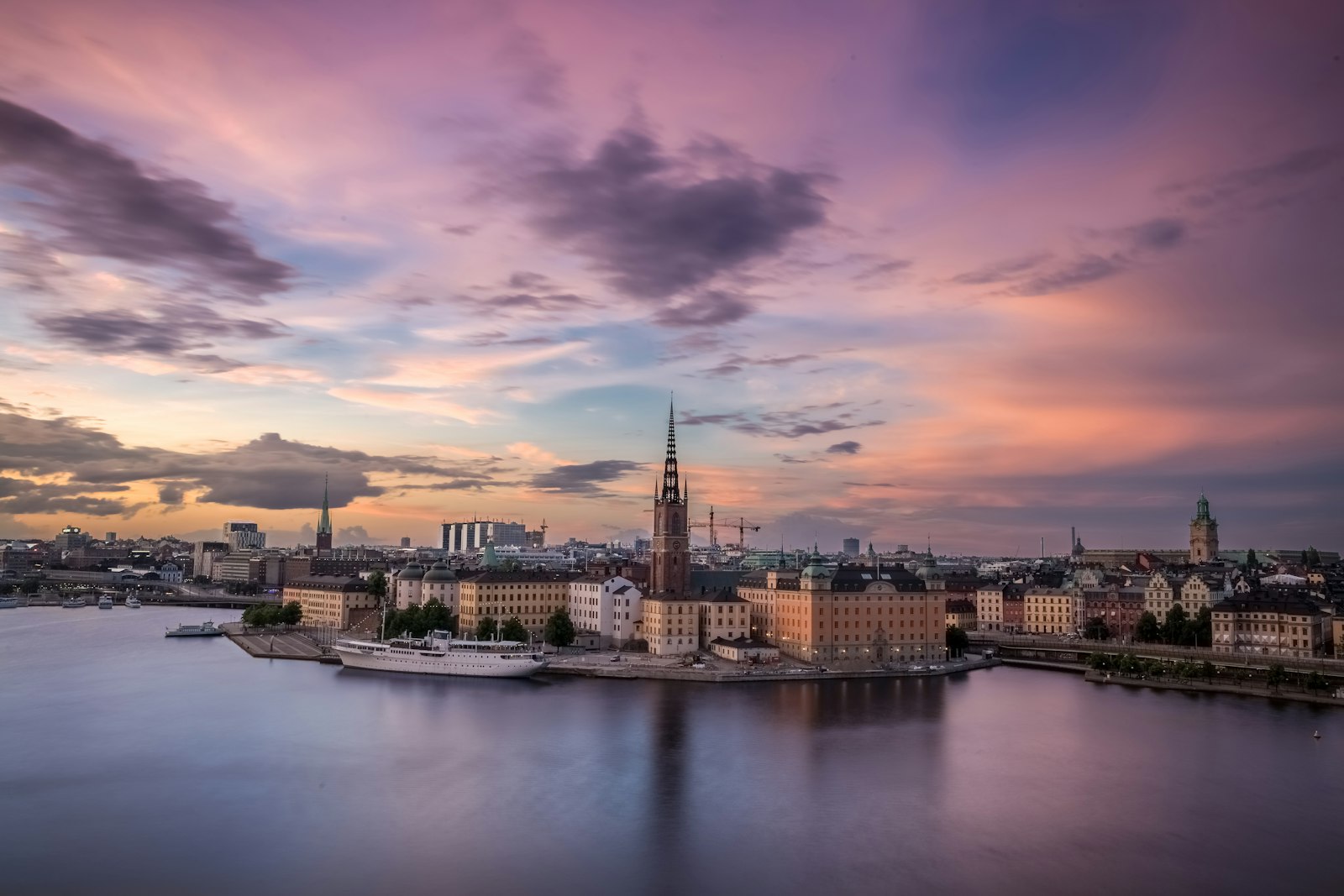 Stockholm Riddarholmen waterfront at sunset